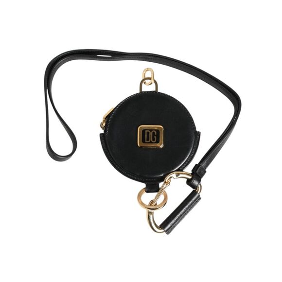 Dolce & Gabbana Black Round Leather DG Logo Coin Purse Lanyard Men's Wallet